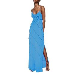 WangsCanis Damen Sexy Lang Abendkleider Ärmellose Rückenfrei V Hals Plissee Rüschen Maxi Schlinge Ohne Ärmel Raffung Kleid Spaghetti-Streifen Party Cocktail Tüll Kleider (Blau, S) von WangsCanis