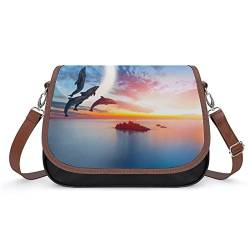 Wangsxing Umhängetasche Damen Delfin Sonnenuntergang Schultertasche Crossbody Tasche Leder Handytasche Geldbörsen Für Mädchen 31x22x11cm von Wangsxing