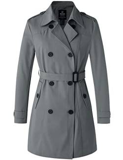 Wantdo Damen Frühling Jacke Winddichte Cabanjacke mit Schulterknöpfen Schulterklappen Slim Fit Lange Jacken Verstellbare Gürtel Mantel Grey 38 von Wantdo