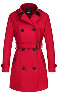 Wantdo Damen Frühling Jacke Winddichte Cabanjacke mit Schulterknöpfen Schulterklappen Slim Fit Lange Jacken Verstellbare Gürtel Mantel Rot 36 von Wantdo