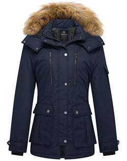 Wantdo Damen Outdoor Sport Mantel Kunstfell-Kapuze Jacke Quilted Gesteppt Mantel Klassisch Militär Jacke Navy M von Wantdo