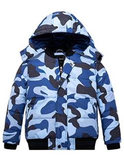 Wantdo Jungen Winter Warm Fleece Mantel Verdickte Baumwolle Gepolstert Jacke Winddichte Oberbekleidung Mantel Outdoor Kapuze Jacke Blau Tarnung 128-134 von Wantdo