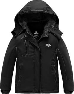 Wantdo Mädchen Berg Ski Jacke Warmer Winter Fleece Mäntel Wasserdichter Atmungsaktive RegenMäntel Outdoor Kapuzen Jacken Schwarz 128-134 von Wantdo