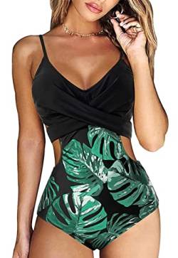 Wantonfy Damen Badeanzug High Waist Bademode Einteilige Strandmode V Ausschnitt Swimsuit von Wantonfy