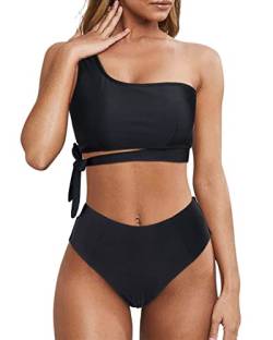 Wantonfy Damen Bikini Sets High Waist Schwimmanzug Zweiteiliger Badeanzug EIN Schulter Bademode Swimsuit, Schwarz,XL von Wantonfy