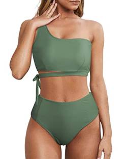 Wantonfy Damen Bikini Sets High Waist Schwimmanzug Zweiteiliger Badeanzug EIN Schulter Bademode Swimsuit von Wantonfy