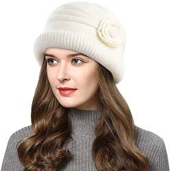 Wantonfy Damen Strickmütze Warme Wintermütze mit Roll Up Kante Mütze mit Seitlicher Blume Atmungsaktivem Beanie Winter von Wantonfy