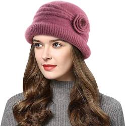 Wantonfy Damen Strickmütze Warme Wintermütze mit Roll Up Kante Mütze mit Seitlicher Blume Atmungsaktivem Beanie Winter von Wantonfy