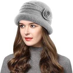 Wantonfy Damen Strickmütze Warme Wintermütze mit Roll Up Kante Mütze mit Seitlicher Blume Atmungsaktivem Beanie Winter von Wantonfy