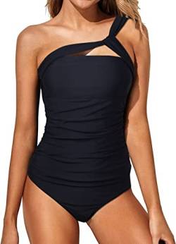 Wantonfy Damen Zweiteilig Badeanzug High Waist Tankini EIN Schulter Bademode Schwimmanzug Bademode von Wantonfy