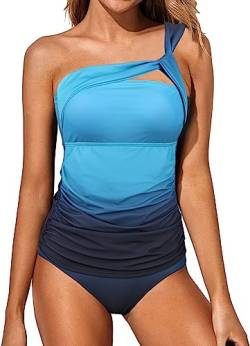 Wantonfy Damen Zweiteilig Badeanzug High Waist Tankini EIN Schulter Bademode Schwimmanzug Bademode von Wantonfy