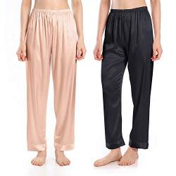 Wantschun Damen Satin Silk Schlafanzughose Nachtwäsche Hose Pyjama Bottom, Pack Of 2:champagne+schwarz, M von Wantschun