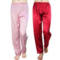 Wantschun Damen Satin Silk Schlafanzughose Nachtwäsche Hose Pyjama Bottom, Packung mit 2: Rosa + Wein Rot, M von Wantschun