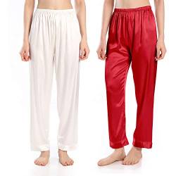 Wantschun Damen Satin Silk Schlafanzughose Nachtwäsche Hose Pyjama Bottom, Packung mit 2: Weiß + Wein Rot, 3XL von Wantschun