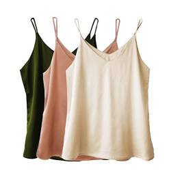 Wantschun Damen Satin Silk Weste Bluse Tank Tops Shirt Cami Spaghetti Träger Camisole Vest V-Ausschnitt Basic - 3-Pack:Armeegrün+Champagne+Braun ; L von Wantschun