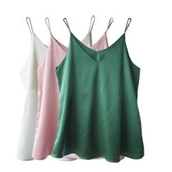 Wantschun Damen Satin Silk Weste Bluse Tank Tops Shirt Cami Spaghetti Träger Camisole Vest V-Ausschnitt Basic - 3-Pack:Grün+Rosa+Weiß ; 3X von Wantschun