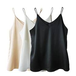 Wantschun Damen Satin Silk Weste Bluse Tank Tops Shirt Cami Spaghetti Träger Camisole Vest V-Ausschnitt Basic - 3-Pack:Schwarz+Weiß+Champagne ; L von Wantschun