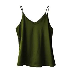 Wantschun Damen Satin Silk Weste Bluse Tank Tops Shirt Cami Spaghetti Träger Camisole Vest V-Ausschnitt Basic - Armeegrün ; 2X von Wantschun