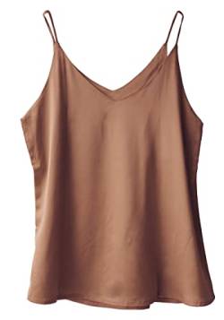 Wantschun Damen Satin Silk Weste Bluse Tank Tops Shirt Cami Spaghetti Träger Camisole Vest V-Ausschnitt Basic - Braun ; XS von Wantschun