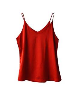 Wantschun Damen Seiden-Satin-Mieder, Camisole mit Trägern, einfarbig, Top, T-Shirt, Bluse, Tank-Shirt, V-Ausschnitt, Spaghettiträger, XXS-4XL - Rot - Groß von Wantschun