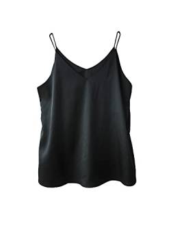 Wantschun Damen Seiden-Satin-Mieder, Camisole mit Trägern, einfarbig, Top, T-Shirt, Bluse, Tank-Shirt, V-Ausschnitt, Spaghettiträger, XXS-4XL - Schwarz - X-Groß von Wantschun