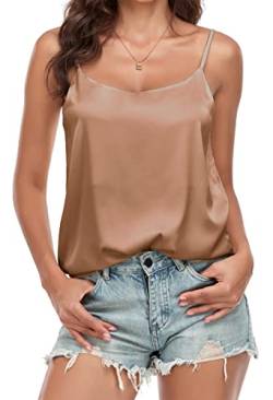 Wantschun Damen Silk Satin Camisole Spaghetti Träger Rundhal Cami Tank Top Bluse Vest Rundhal - Braun ; 2X von Wantschun