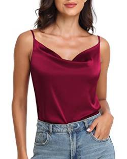 Wantschun Damen Silk Satin Wasserfallausschnitt Camisole Spaghetti Träger Cami Tank Top Bluse Vest Weinrot ; 3X von Wantschun