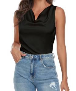 Wantschun Damen Silk Satin Wasserfallausschnitt Tank Top Bluse Vest Hemd Shirt Schwarz ; L von Wantschun