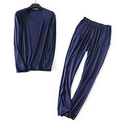 Wantschun Herren Modal Bamboo Fiber Nachtwäsche Zweiteiliger Schlafanzug V-Ausschnitt Langarm Pyjama Set (Blau;EU XL) von Wantschun