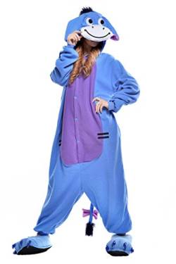 Wanziee Unisex Winnie The Pooh Iah Onesie Plüsch Blau Esel Kostüm mit Kapuze Erwachsene Pyjama für Weihnachten Halloween Party Nachtwäsche S M L XL, blau, XL von Wanziee