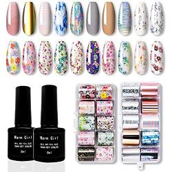 Warm Girl Nail Art Stickers Glue Gel Set, 20 rolls Laser Tie-dyes Transferfolie mit Klebegel, Nail Transfer Foil für Gel Nail DIY, LED Lamp erforderlich von Warm Girl