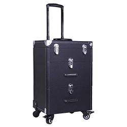 Kosmetikkoffer Trolley Schwarz Schminkkoffer Friseurkoffer Schmuckkoffer Multikoffer mit 2 Schubladen und 4 Abnehmbaren Rollen für Damen Mädchen 49cm Kunstleder von Warmiehomy