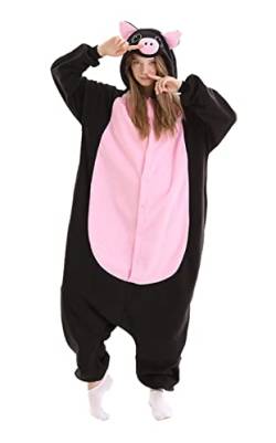 Taillierter Unisex Erwachsene Tier Onesie Pyjama Halloween Sherpa Damen Cosplay Tier Einteiler Pyjama Party Kostüm Schwarz Schwein L von Warton