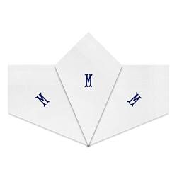 Warwick & Vance Herren-Taschentücher mit weißen Satin-Bordüre, mit blauen bestickten Initialen, 3 Stück, M von Warwick & Vance