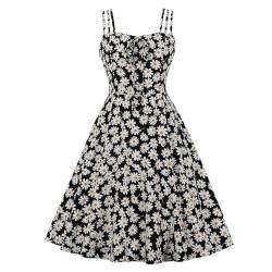 Spaghetti-Träger-Kleid mit Gänseblümchen-Blumendruck, Damen-Schleife, niedlich, lässig, Vintage-Swing-Kleid, Übergröße, Kleidung, Sommerurlaub, Sommerkleid, schwarzes Gänseblümchen-Kleid, 4XL von WatSKY