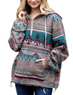 Watashi Damen Pullover mit Azteken-Druck, Weihnachten, halber Reißverschluss, Kordelzug, Hoodies, Blau, XL von Watashi