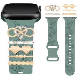 Watbro Armband mit Blumengravur, kompatibel mit Apple Watch, 40 mm, für Damen, 38 mm, 41 mm, weiches Silikon-Sportband mit dekorativen Apple-Watch-Anhängern für iWatch Serie 9, 8, 7, 6, 5, 4, 3, 2, 1, von Watbro
