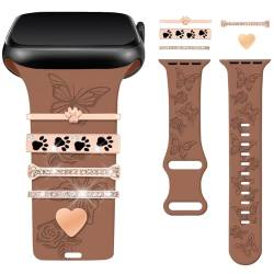 Watbro Armband mit Blumengravur, kompatibel mit Apple Watch, 40 mm, für Damen, 38 mm, 41 mm, weiches Silikon-Sportband mit dekorativen Apple-Watch-Anhängern für iWatch Serie 9, 8, 7, 6, 5, 4, 3, 2, 1, von Watbro