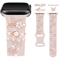 Watbro Armband mit Blumengravur, kompatibel mit Apple Watch, 40 mm, für Damen, 38 mm, 41 mm, weiches Silikon-Sportband mit dekorativen Apple-Watch-Anhängern für iWatch Serie 9, 8, 7, 6, 5, 4, 3, 2, 1, von Watbro