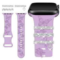 Watbro Armband mit Blumengravur, kompatibel mit Apple Watch, 40 mm, für Damen, 38 mm, 41 mm, weiches Silikon-Sportband mit dekorativen Apple-Watch-Anhängern für iWatch Serie 9, 8, 7, 6, 5, 4, 3, 2, 1, von Watbro