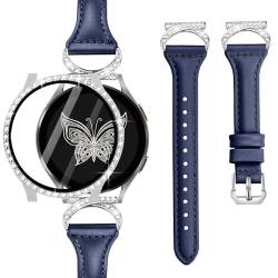 Watbro Echtlederarmband mit Schutzhülle, kompatibel mit Samsung Galaxy Watch 4, 5, 6, 40 mm, 44 mm, mit Glitzer-Displayschutzfolie, 20 mm, für Damen von Watbro