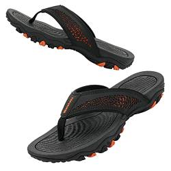 Herren Flip Flops Zehentrenner Leder mit Arch Support Sandalen Weich Leder Stoff Badelatschen Sommer Beach Rutschfest Hausschuhe Pantoletten(Schwarzorange,45 EU) von WateLves