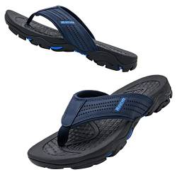 Herren Flip Flops Zehentrenner Leder mit Arch Support Sandalen Weich Leder Stoff Badelatschen Sommer Beach Rutschfest Hausschuhe Pantoletten(ZL103.Blue 43 EU) von WateLves