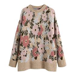 Damen Casual Fashion Pullover Herbst Kontrast Trim Floral Jacquard Strickpullover Mode Lose Lange Pullover 01 M von Watrpro