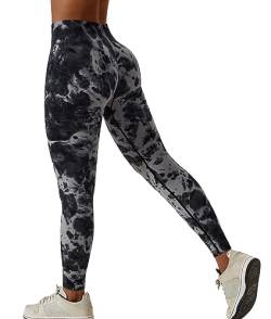 Wavar Tie Dye Scrunch Butt Lifting Nahtlose Leggings für Frauen Hohe Taille Yoga Hosen Bauchkontrolle Laufen Workout Tight, #6 Schwarz, M von Wavar