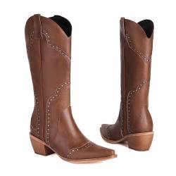 Wavyvigs Cowboystiefel mit Nieten mittelhohe Westernstiefel für Damen Cowgirl Stiefel Brown Mark Size 41 von Wavyvigs