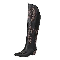 Wavyvigs Damen Cowboy Boots Kniehohe Klobiger Absatz Vintage Stickereien Cowgirl Western Stiefel Schwarz Größe 40.5 von Wavyvigs