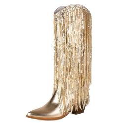 Wavyvigs Damen Cowboystiefel mit Fransen mittelhohe Wade und Quaste Partykleid Stiefel glitzernde Westernstiefel Gold Mark Size 39 von Wavyvigs