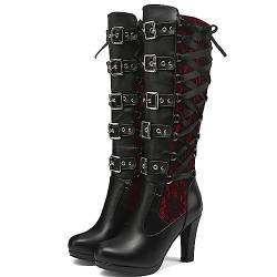 Wavyvigs Damen Spitzen Gothic Stiefel kniehohe Schnalle hoher Absatz Schnürplattform Punk kniehohe Stiefel Rot Größe 36 von Wavyvigs