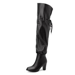 Wavyvigs Frauen Floral Print Overknee Stiefel Massiver Block Hoher Absatz Oversize Mode Lange Stiefel Schwarz Größenangabe 46 von Wavyvigs